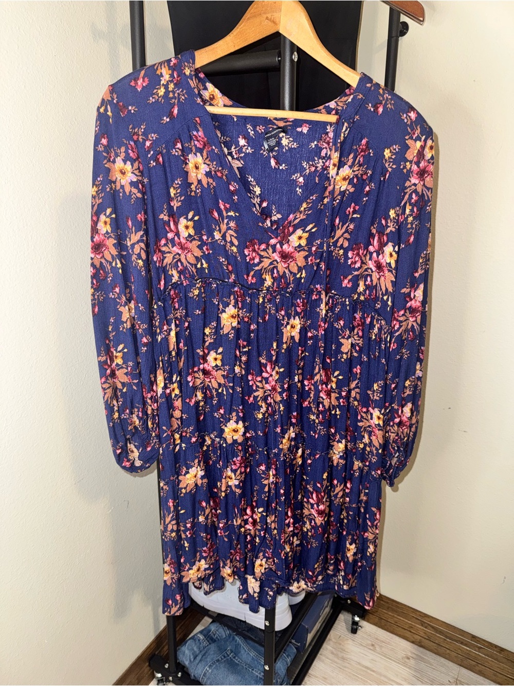American Eagle Outfitters Navy Floral V-Neck Dress with Pink and Yellow Blooms